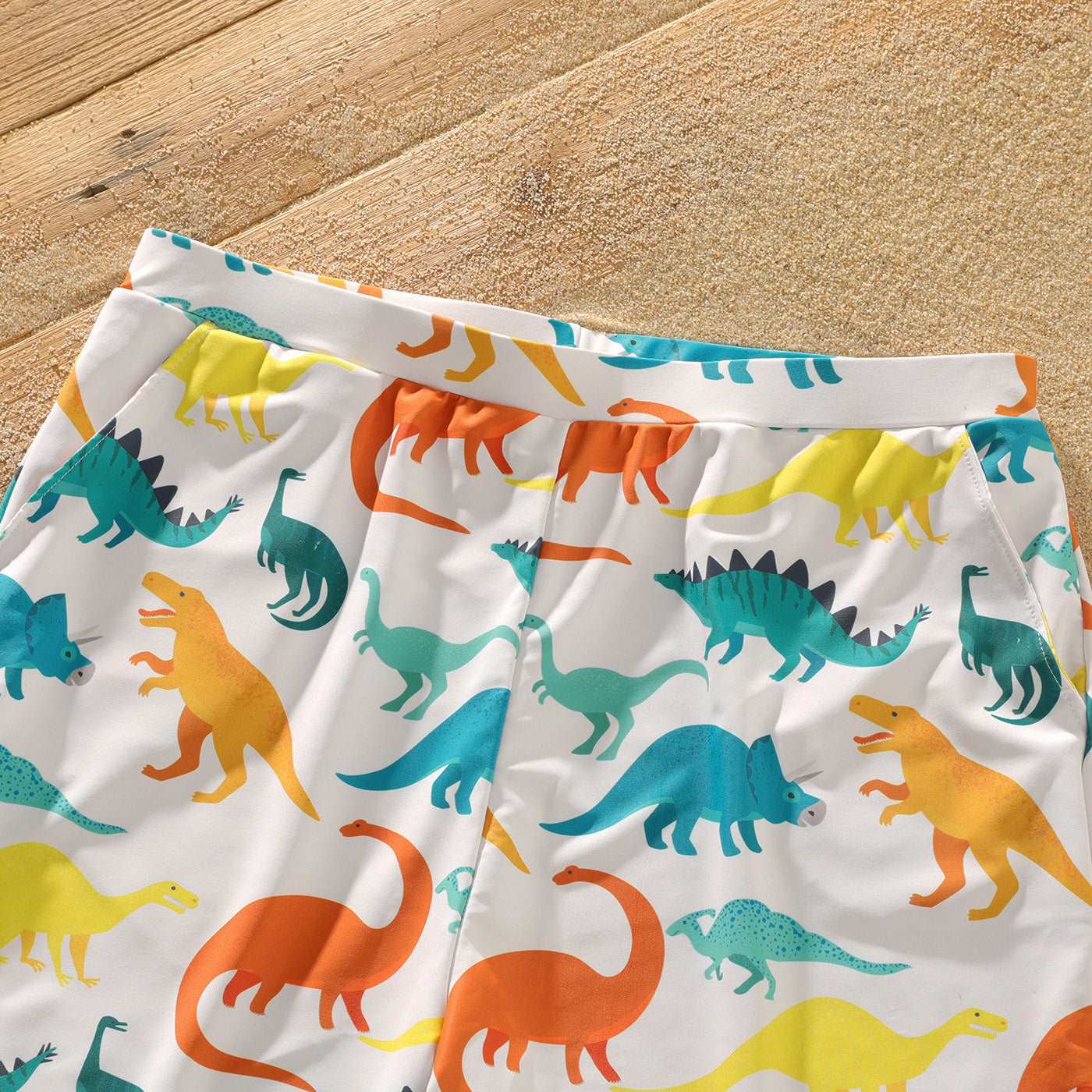 Family Matching All Over Multicolor Dinosaur Print Swim Trunks Shorts and Ruffle Two-Piece Swimsuit - 20329588