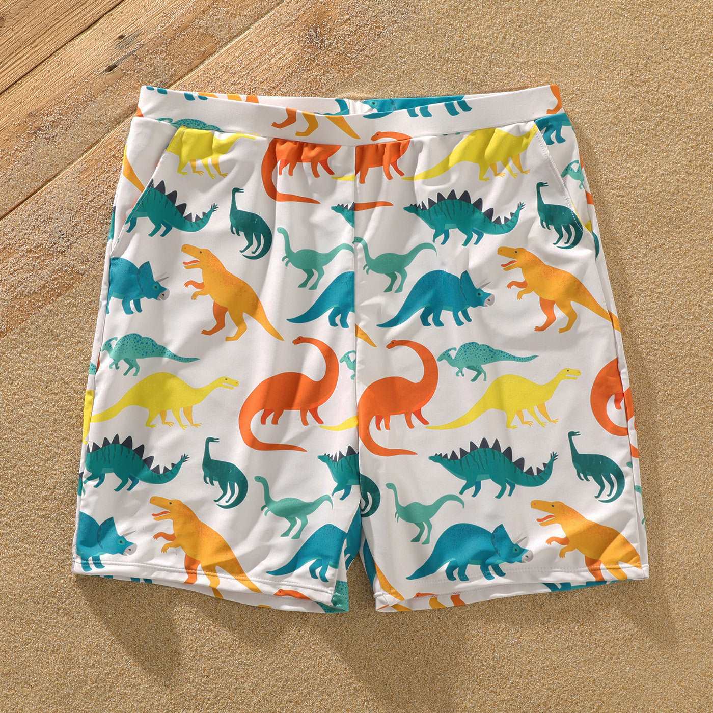 Family Matching All Over Multicolor Dinosaur Print Swim Trunks Shorts and Ruffle Two-Piece Swimsuit - 20329588