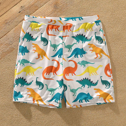 Family Matching All Over Multicolor Dinosaur Print Swim Trunks Shorts and Ruffle Two-Piece Swimsuit - 20329588