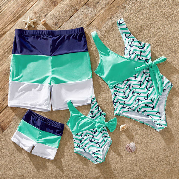 Family Matching Allover Anchor Print Colorblock Self Tie One-piece Swimsuit or Swim Trunks Shorts - 20633574