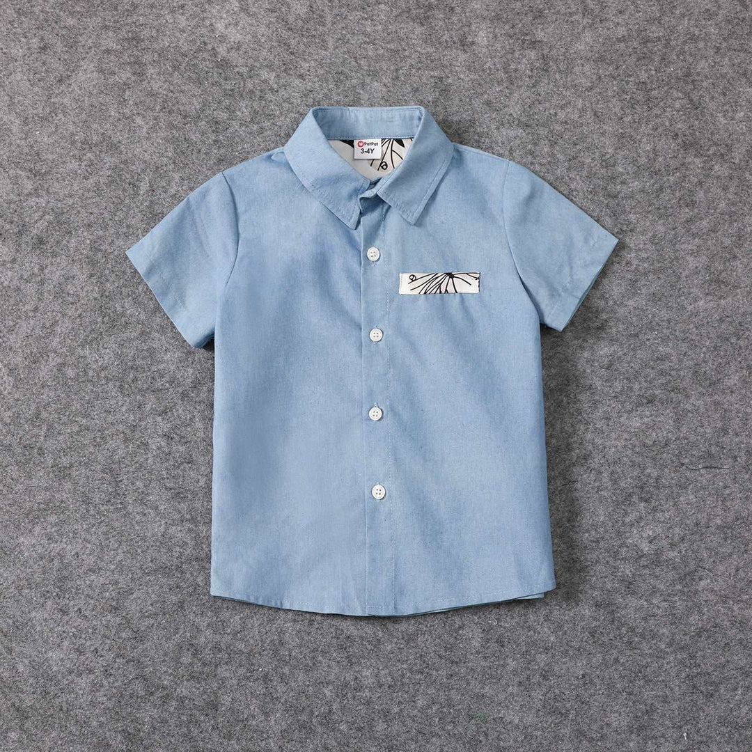 Family Matching Allover Butterfly Print Off Shoulder Puff-sleeve Shirred Dresses and Short-sleeve Denim Shirts Sets - 20432514