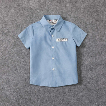 Family Matching Allover Butterfly Print Off Shoulder Puff-sleeve Shirred Dresses and Short-sleeve Denim Shirts Sets - 20432514