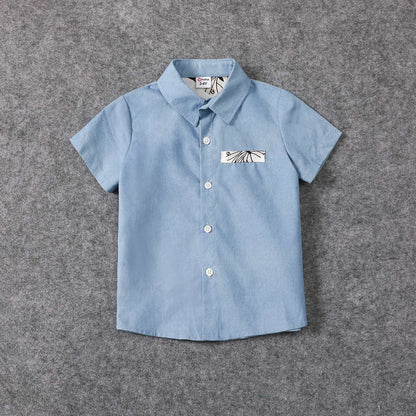 Family Matching Allover Butterfly Print Off Shoulder Puff-sleeve Shirred Dresses and Short-sleeve Denim Shirts Sets - 20432514