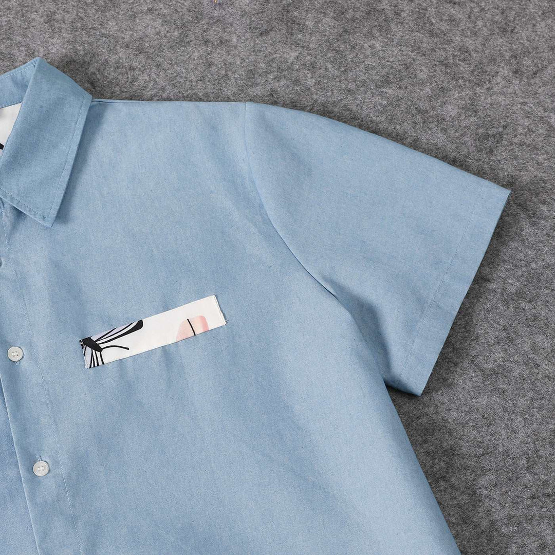 Family Matching Allover Butterfly Print Off Shoulder Puff-sleeve Shirred Dresses and Short-sleeve Denim Shirts Sets - 20432514