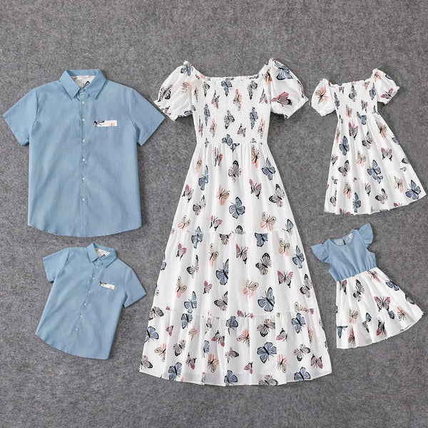 Family Matching Allover Butterfly Print Off Shoulder Puff-sleeve Shirred Dresses and Short-sleeve Denim Shirts Sets - 20432514