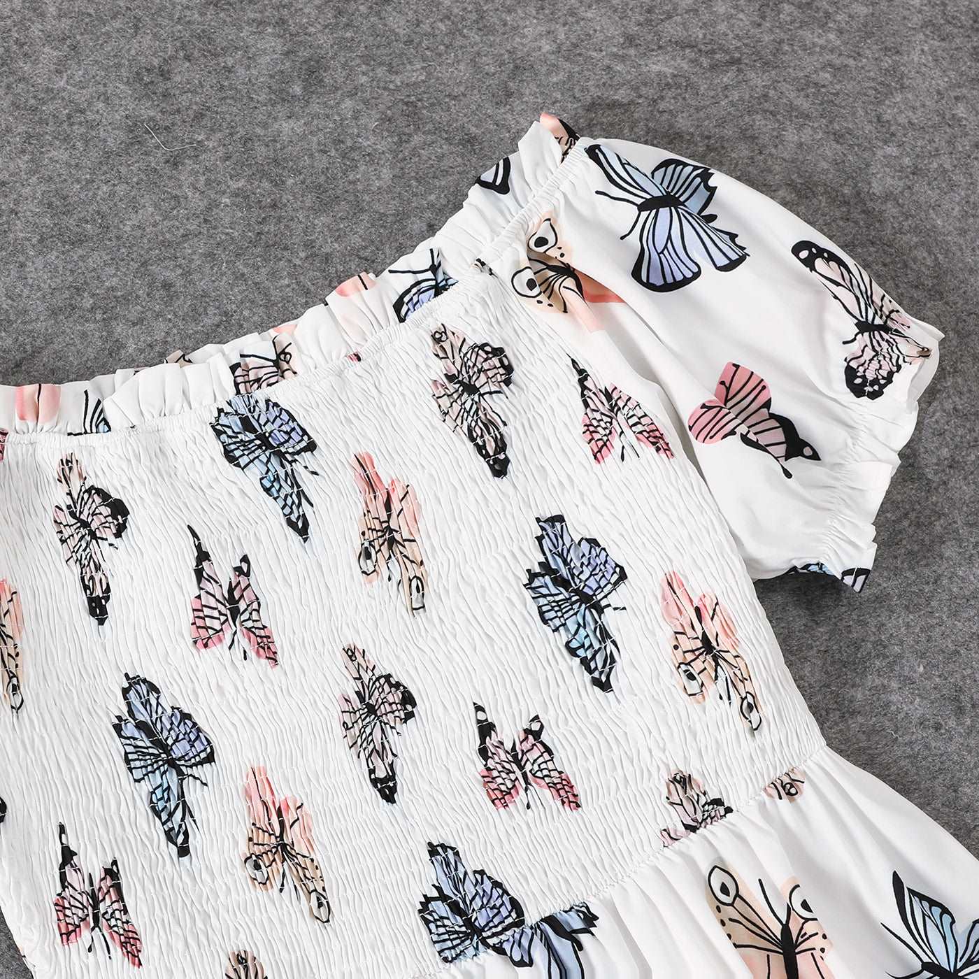 Family Matching Allover Butterfly Print Off Shoulder Puff-sleeve Shirred Dresses and Short-sleeve Denim Shirts Sets - 20432514