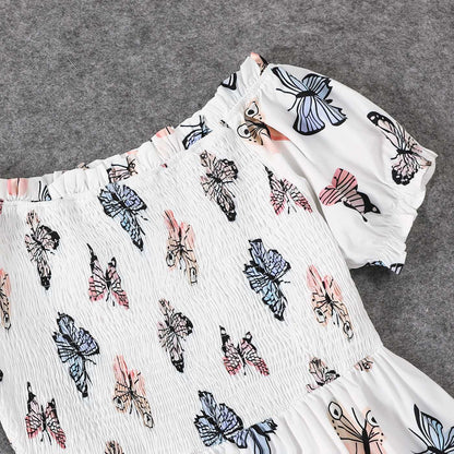 Family Matching Allover Butterfly Print Off Shoulder Puff-sleeve Shirred Dresses and Short-sleeve Denim Shirts Sets - 20432514