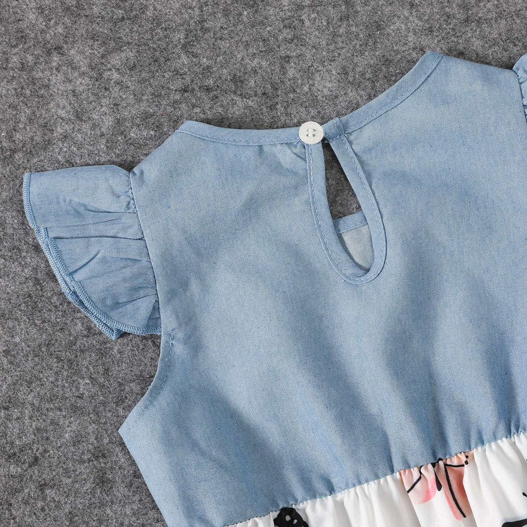 Family Matching Allover Butterfly Print Off Shoulder Puff-sleeve Shirred Dresses and Short-sleeve Denim Shirts Sets - 20432514