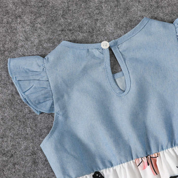 Family Matching Allover Butterfly Print Off Shoulder Puff-sleeve Shirred Dresses and Short-sleeve Denim Shirts Sets - 20432514