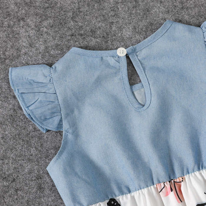 Family Matching Allover Butterfly Print Off Shoulder Puff-sleeve Shirred Dresses and Short-sleeve Denim Shirts Sets - 20432514