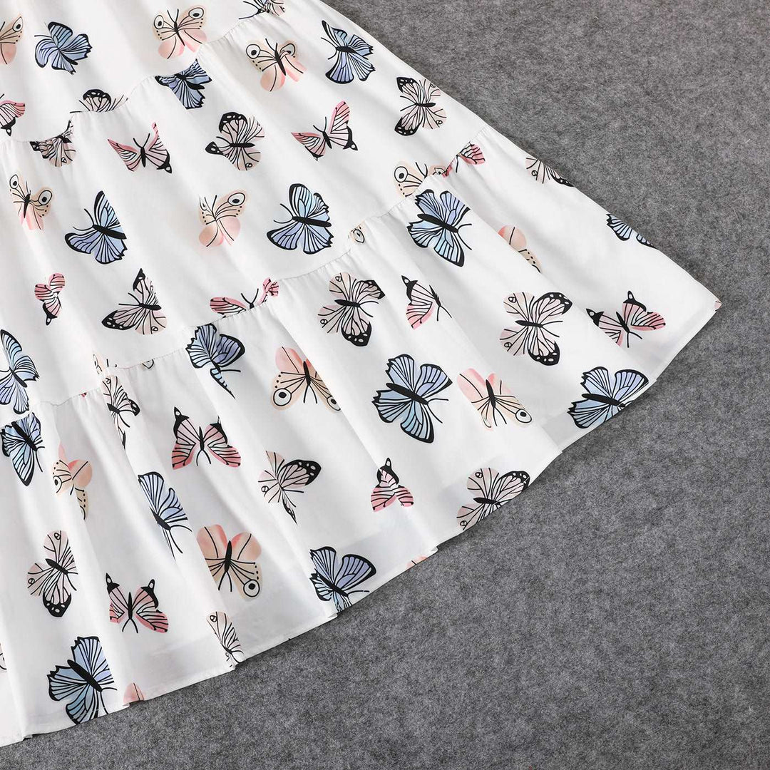 Family Matching Allover Butterfly Print Off Shoulder Puff-sleeve Shirred Dresses and Short-sleeve Denim Shirts Sets - 20432514