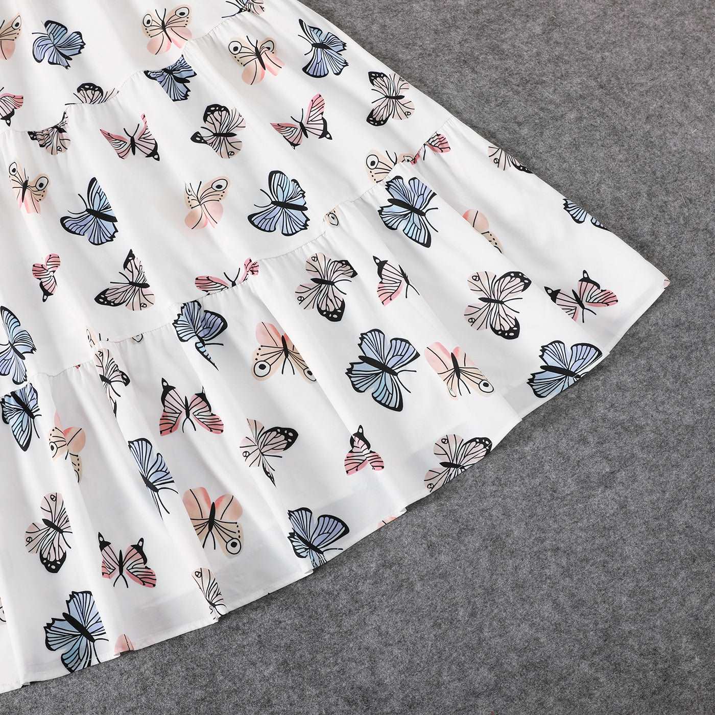 Family Matching Allover Butterfly Print Off Shoulder Puff-sleeve Shirred Dresses and Short-sleeve Denim Shirts Sets - 20432514