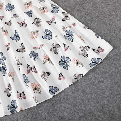 Family Matching Allover Butterfly Print Off Shoulder Puff-sleeve Shirred Dresses and Short-sleeve Denim Shirts Sets - 20432514