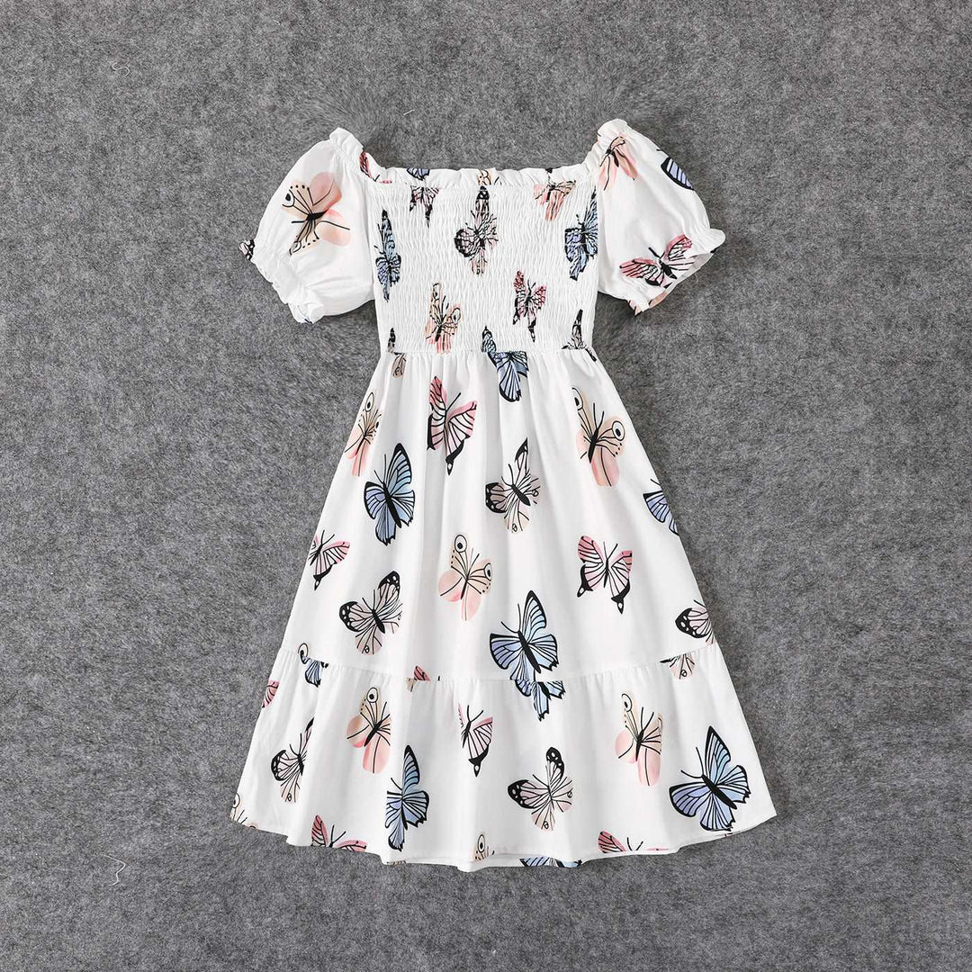 Family Matching Allover Butterfly Print Off Shoulder Puff-sleeve Shirred Dresses and Short-sleeve Denim Shirts Sets - 20432514