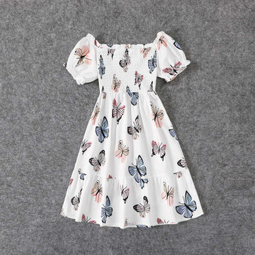 Family Matching Allover Butterfly Print Off Shoulder Puff-sleeve Shirred Dresses and Short-sleeve Denim Shirts Sets - 20432514