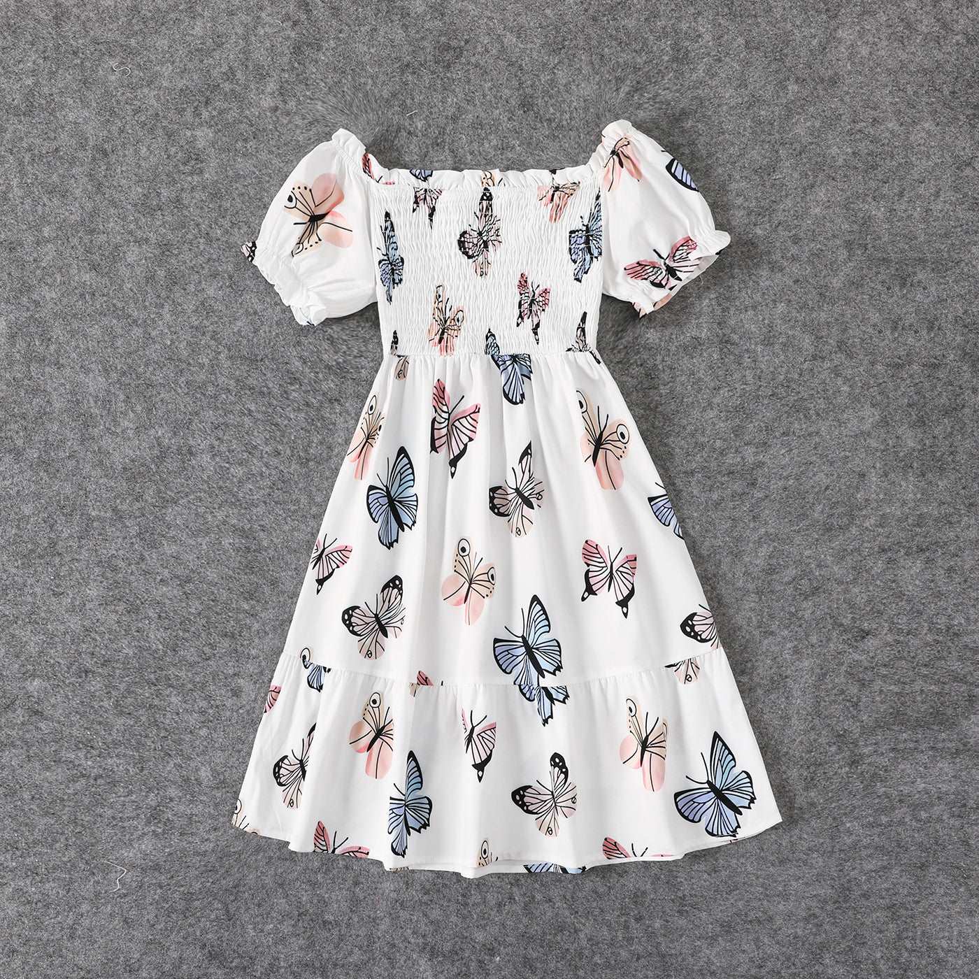 Family Matching Allover Butterfly Print Off Shoulder Puff-sleeve Shirred Dresses and Short-sleeve Denim Shirts Sets - 20432514