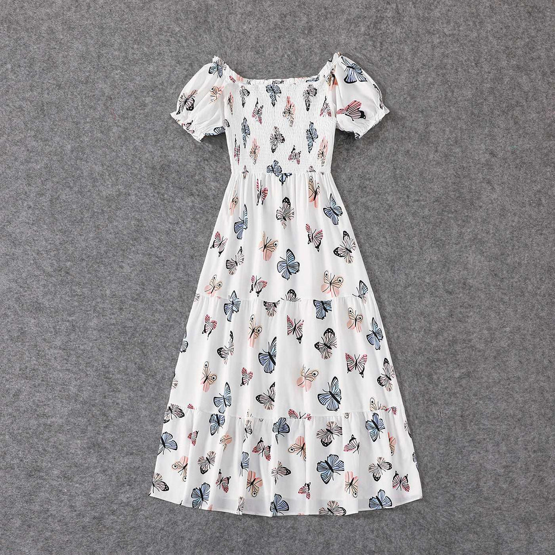 Family Matching Allover Butterfly Print Off Shoulder Puff-sleeve Shirred Dresses and Short-sleeve Denim Shirts Sets - 20432514