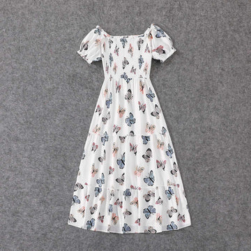 Family Matching Allover Butterfly Print Off Shoulder Puff-sleeve Shirred Dresses and Short-sleeve Denim Shirts Sets - 20432514