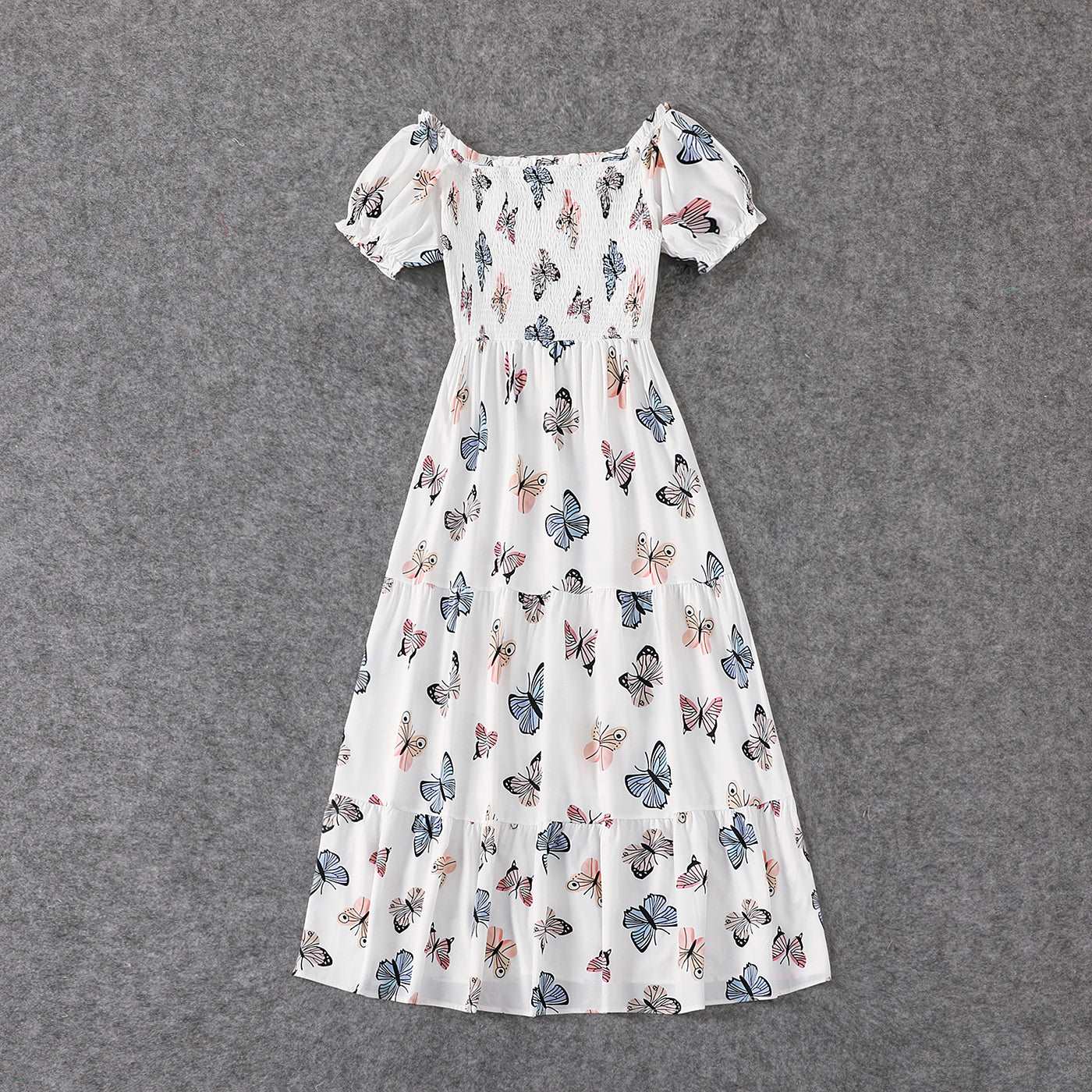 Family Matching Allover Butterfly Print Off Shoulder Puff-sleeve Shirred Dresses and Short-sleeve Denim Shirts Sets - 20432514