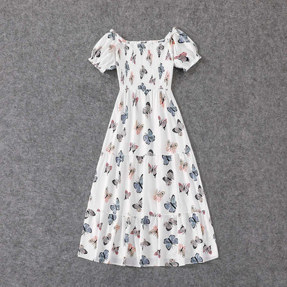 Family Matching Allover Butterfly Print Off Shoulder Puff-sleeve Shirred Dresses and Short-sleeve Denim Shirts Sets - 20432514
