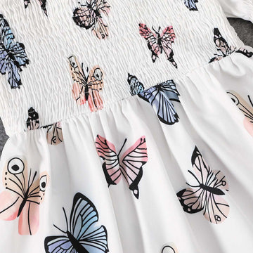 Family Matching Allover Butterfly Print Off Shoulder Puff-sleeve Shirred Dresses and Short-sleeve Denim Shirts Sets - 20432514