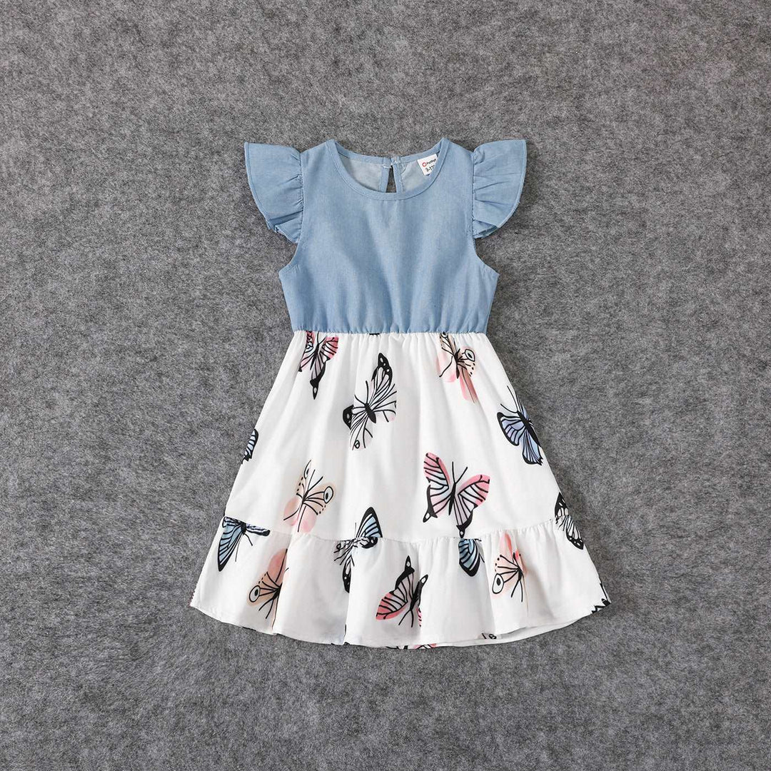 Family Matching Allover Butterfly Print Off Shoulder Puff-sleeve Shirred Dresses and Short-sleeve Denim Shirts Sets - 20432514
