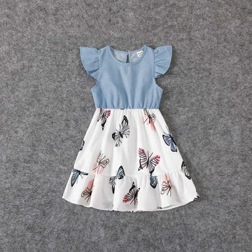 Family Matching Allover Butterfly Print Off Shoulder Puff-sleeve Shirred Dresses and Short-sleeve Denim Shirts Sets - 20432514
