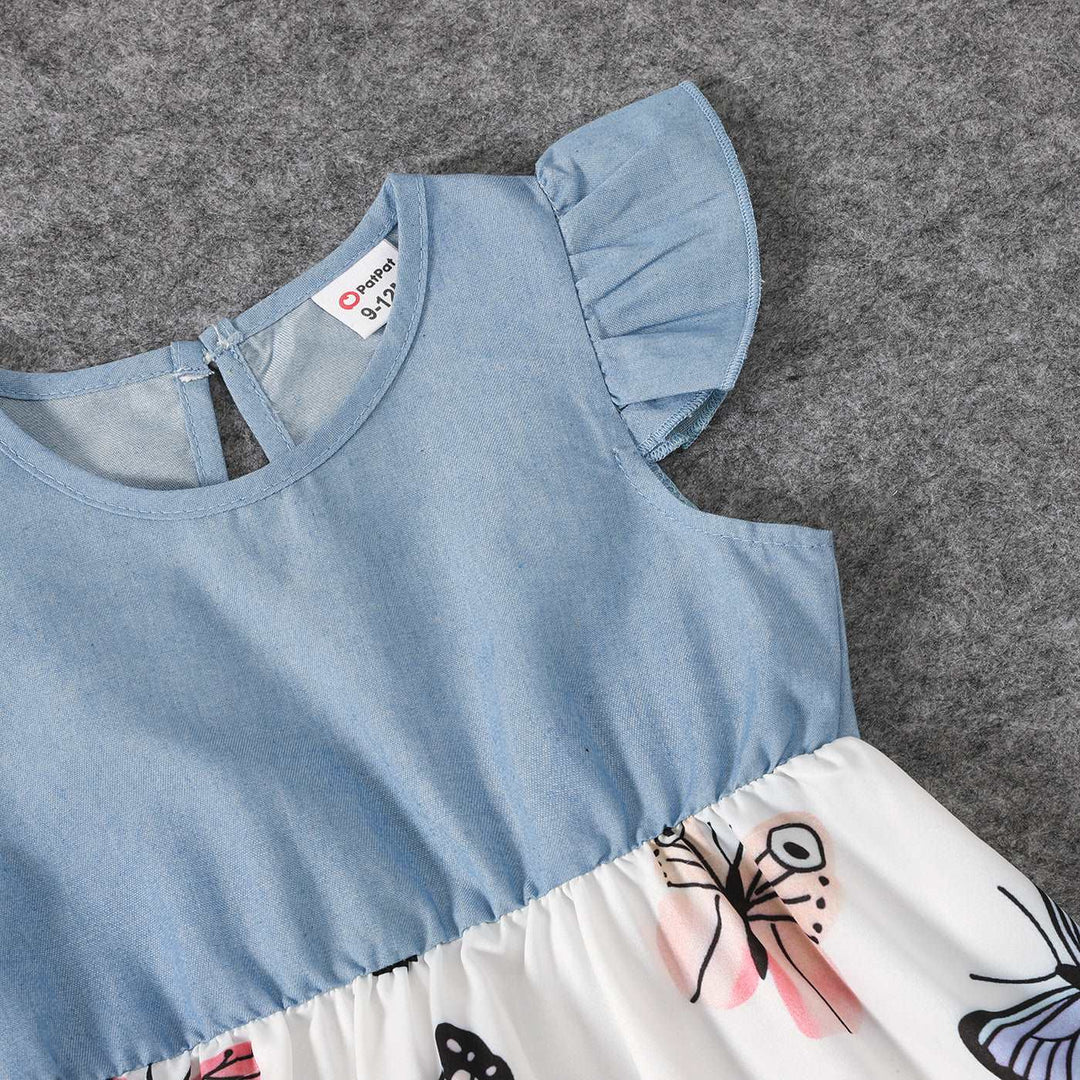 Family Matching Allover Butterfly Print Off Shoulder Puff-sleeve Shirred Dresses and Short-sleeve Denim Shirts Sets - 20432514