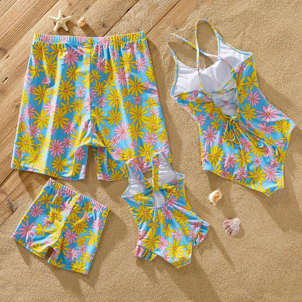 Family Matching Allover Daisy Floral Print One-piece Swimsuit or Swim Trunks Shorts - 20627968