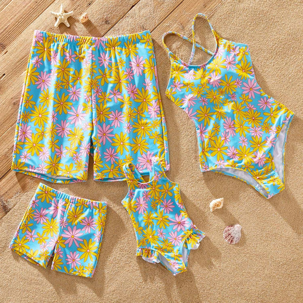 Family Matching Allover Daisy Floral Print One-piece Swimsuit or Swim Trunks Shorts - 20627968