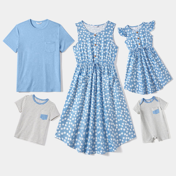 Family Matching Allover Daisy Print Curved Hem Drawstring Tank Dresses and Short-sleeve Solid/Stripe T-shirts Sets - 20653859