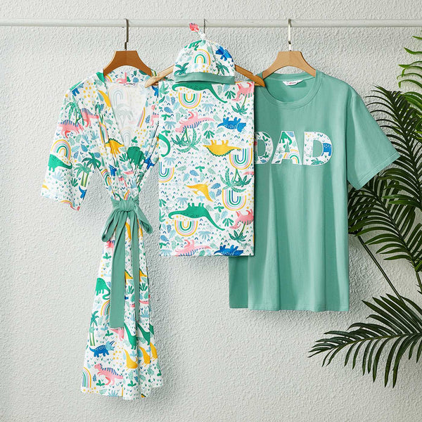 Family Matching Allover Dinosaur Print Half-sleeve Belted Robe and Swaddle Blanket or Cotton Letter Graphic Short-sleeve Tee Sets - 20621295