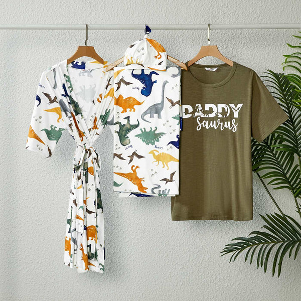 Family Matching Allover Dinosaur Print Half-sleeve Belted Robe and Swaddle Blanket or Cotton Letter Graphic Short-sleeve Tee Sets - 20620099