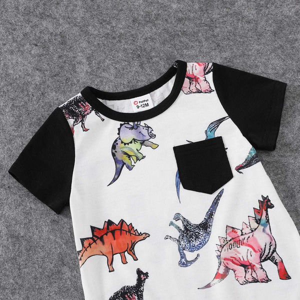 Family Matching Allover Dinosaur Print Spliced Black Cami Dresses and Short-sleeve T-shirts Sets - 20434194