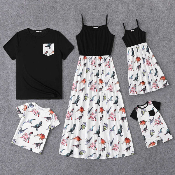 Family Matching Allover Dinosaur Print Spliced Black Cami Dresses and Short-sleeve T-shirts Sets - 20434194