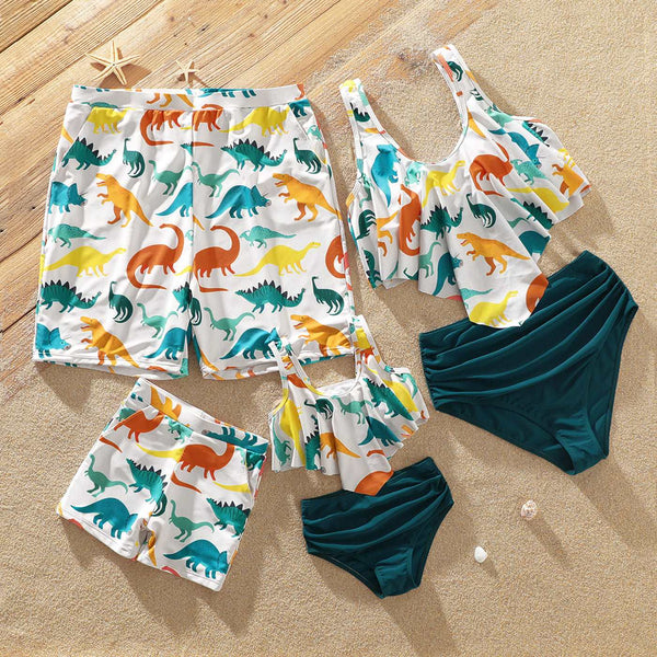 Family Matching Allover Dinosaur Print Swim Trunks and Ruffle Trim Two-piece Swimsuit - 20592971
