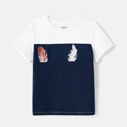 Family Matching Allover Feather Print Belted Cami Dresses and Short-sleeve Spliced Tee Sets - 20602585