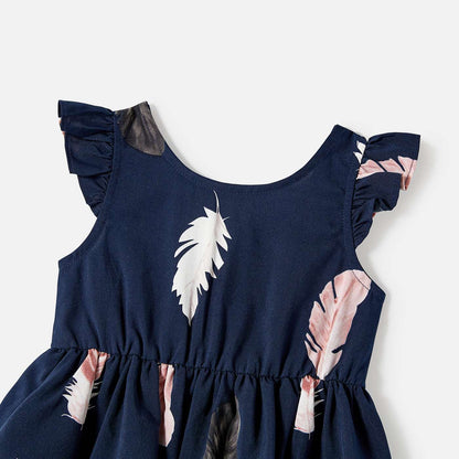 Family Matching Allover Feather Print Belted Cami Dresses and Short-sleeve Spliced Tee Sets - 20602585