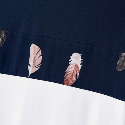 Family Matching Allover Feather Print Belted Cami Dresses and Short-sleeve Spliced Tee Sets - 20602585