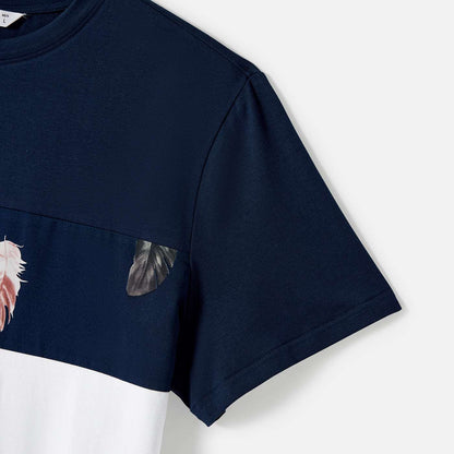 Family Matching Allover Feather Print Belted Cami Dresses and Short-sleeve Spliced Tee Sets - 20602585