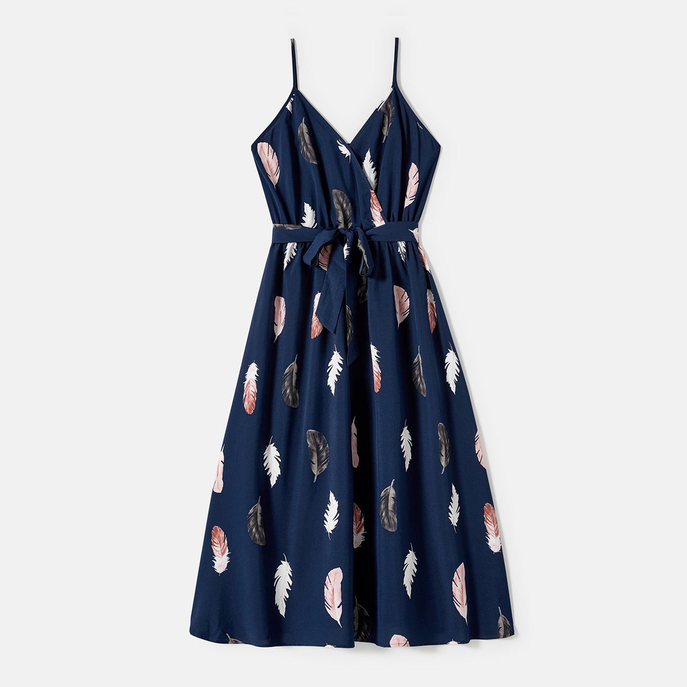 Family Matching Allover Feather Print Belted Cami Dresses and Short-sleeve Spliced Tee Sets - 20602585