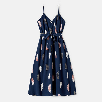 Family Matching Allover Feather Print Belted Cami Dresses and Short-sleeve Spliced Tee Sets - 20602585
