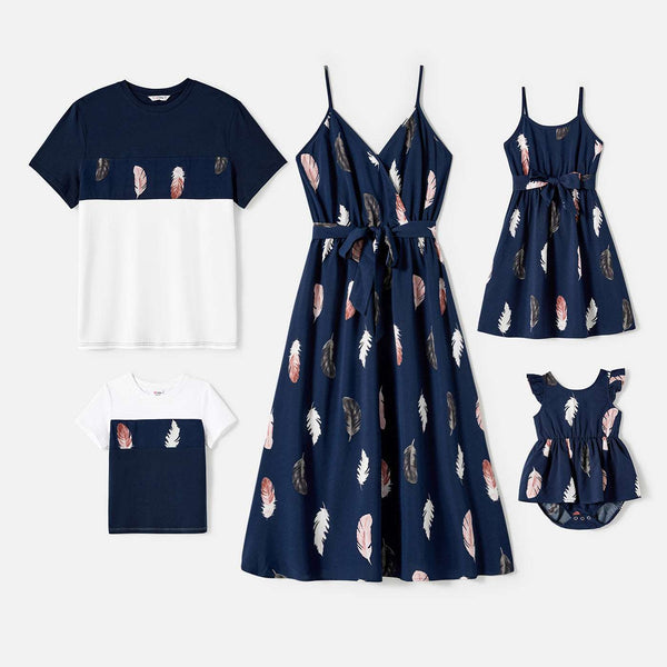 Family Matching Allover Feather Print Belted Cami Dresses and Short-sleeve Spliced Tee Sets - 20602585