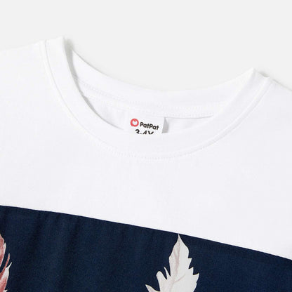 Family Matching Allover Feather Print Belted Cami Dresses and Short-sleeve Spliced Tee Sets - 20602585