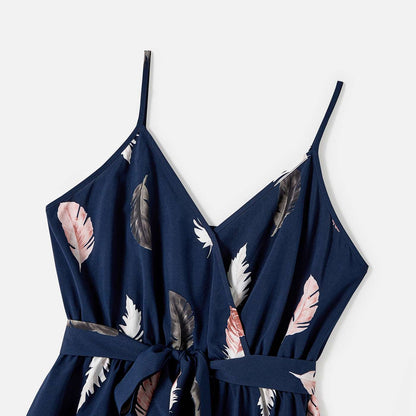Family Matching Allover Feather Print Belted Cami Dresses and Short-sleeve Spliced Tee Sets - 20602585