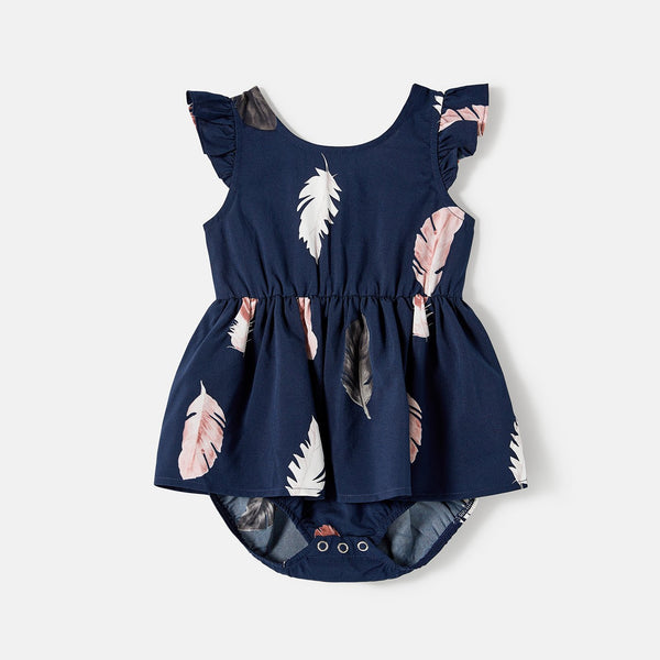 Family Matching Allover Feather Print Belted Cami Dresses and Short-sleeve Spliced Tee Sets - 20602585