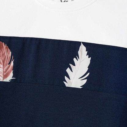 Family Matching Allover Feather Print Belted Cami Dresses and Short-sleeve Spliced Tee Sets - 20602585
