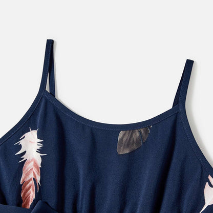 Family Matching Allover Feather Print Belted Cami Dresses and Short-sleeve Spliced Tee Sets - 20602585