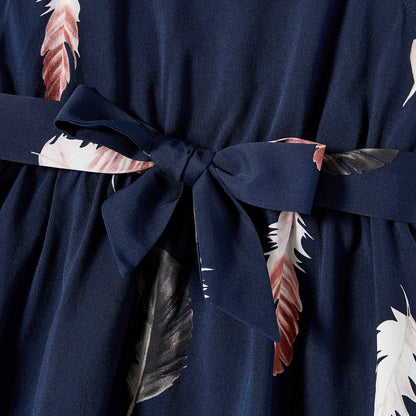 Family Matching Allover Feather Print Belted Cami Dresses and Short-sleeve Spliced Tee Sets - 20602585
