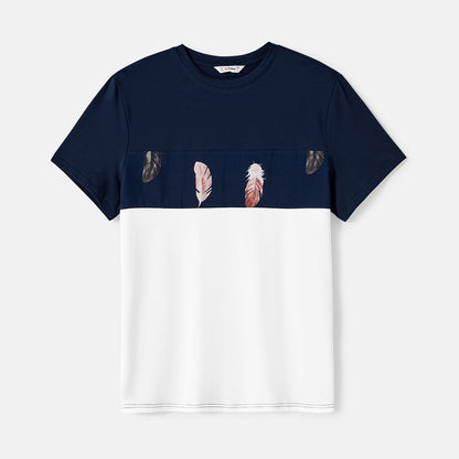 Family Matching Allover Feather Print Belted Cami Dresses and Short-sleeve Spliced Tee Sets - 20602585